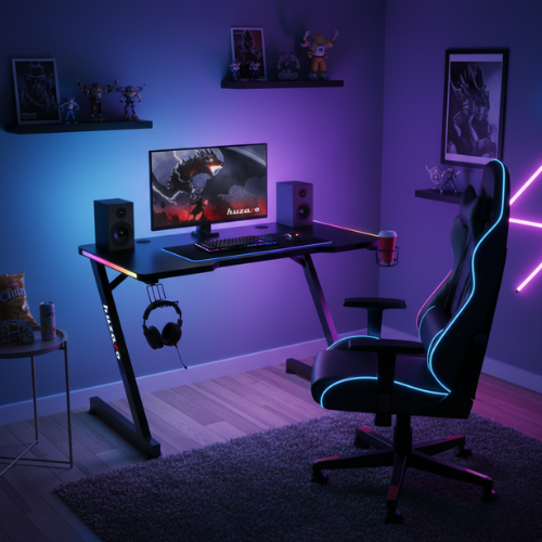 Lifestyle Image of a Gaming Room with HUZARO HERO 2.5 RGB LED GAMING DESK - LED Lighting - Headphone & Cup Holders - Cable Ports